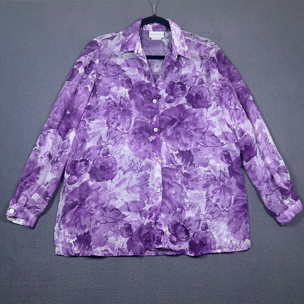 Worthington Button Up Womens 12 Purple Floral Sheer Watercolor Blouse LS